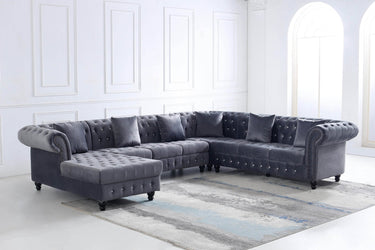 Classic Chesterfield L-Shape Corner Sofa in Luxurious Dark Grey Velvet with Deep Button-Tufting - UK Luxury Furniture